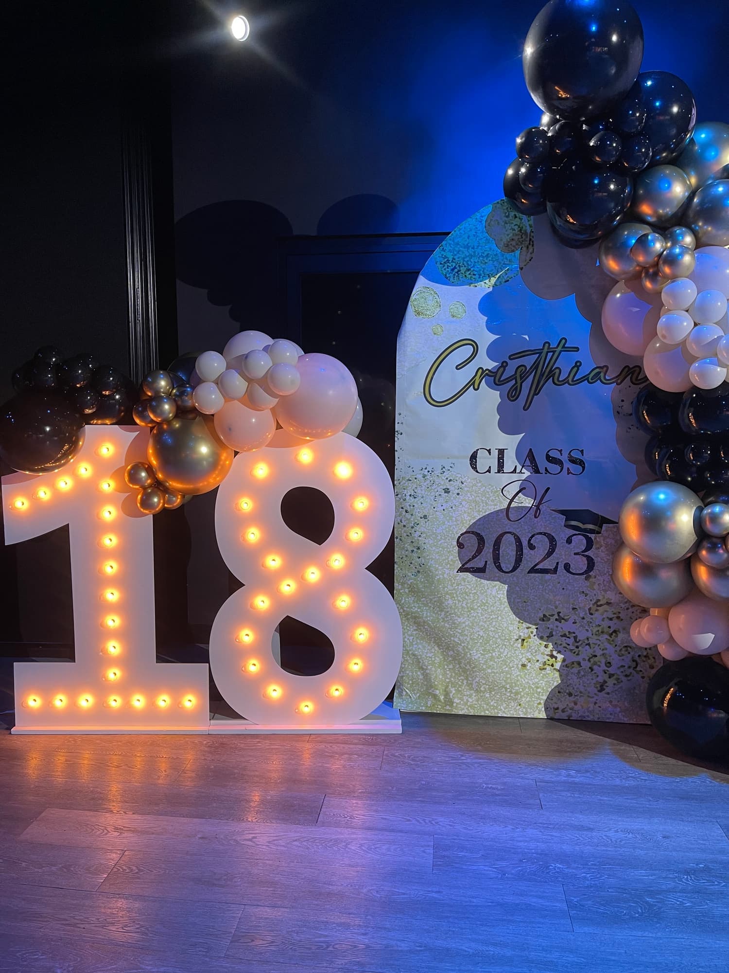 Light-up 18 marquee numbers beside a Class of sign