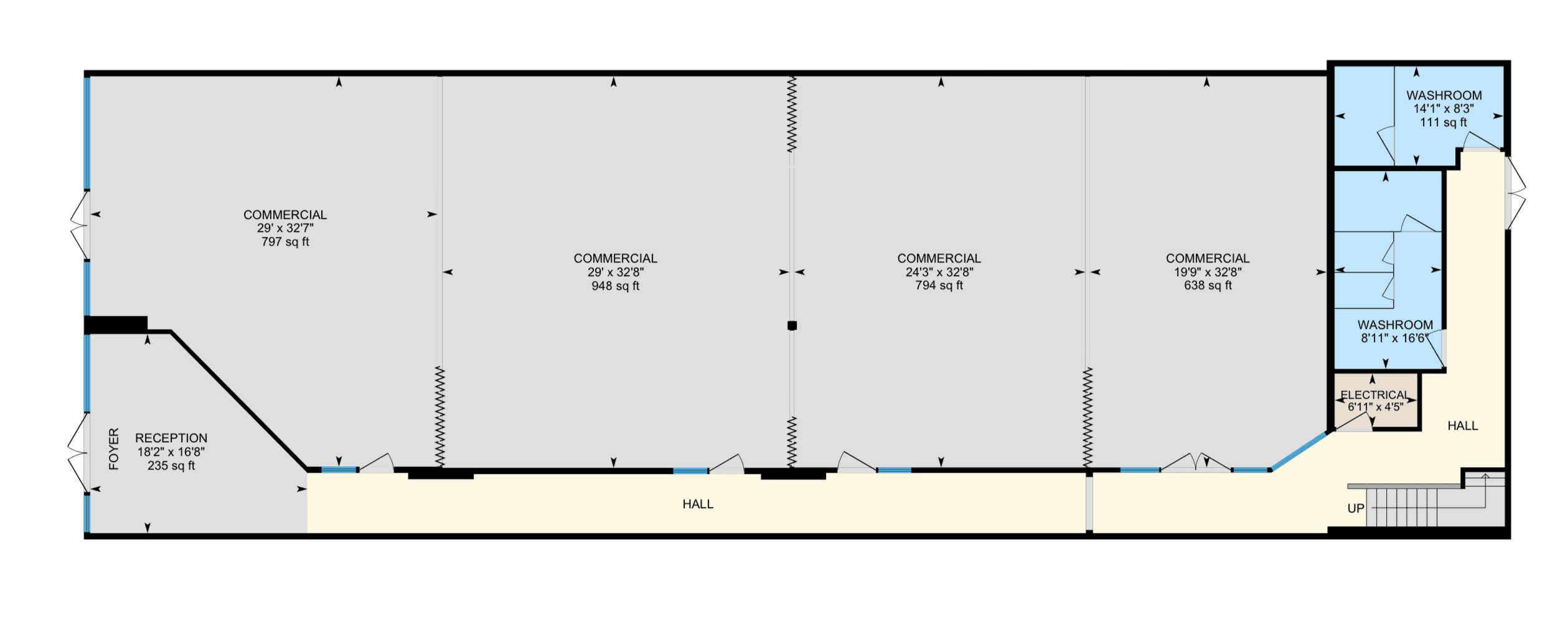 Measured floor plan of the main floor: four connected sections of the hall, about 29, 29, 24 and 20 feet long by 33 feet wide, with the reception and foyer at the front and restrooms at the back
