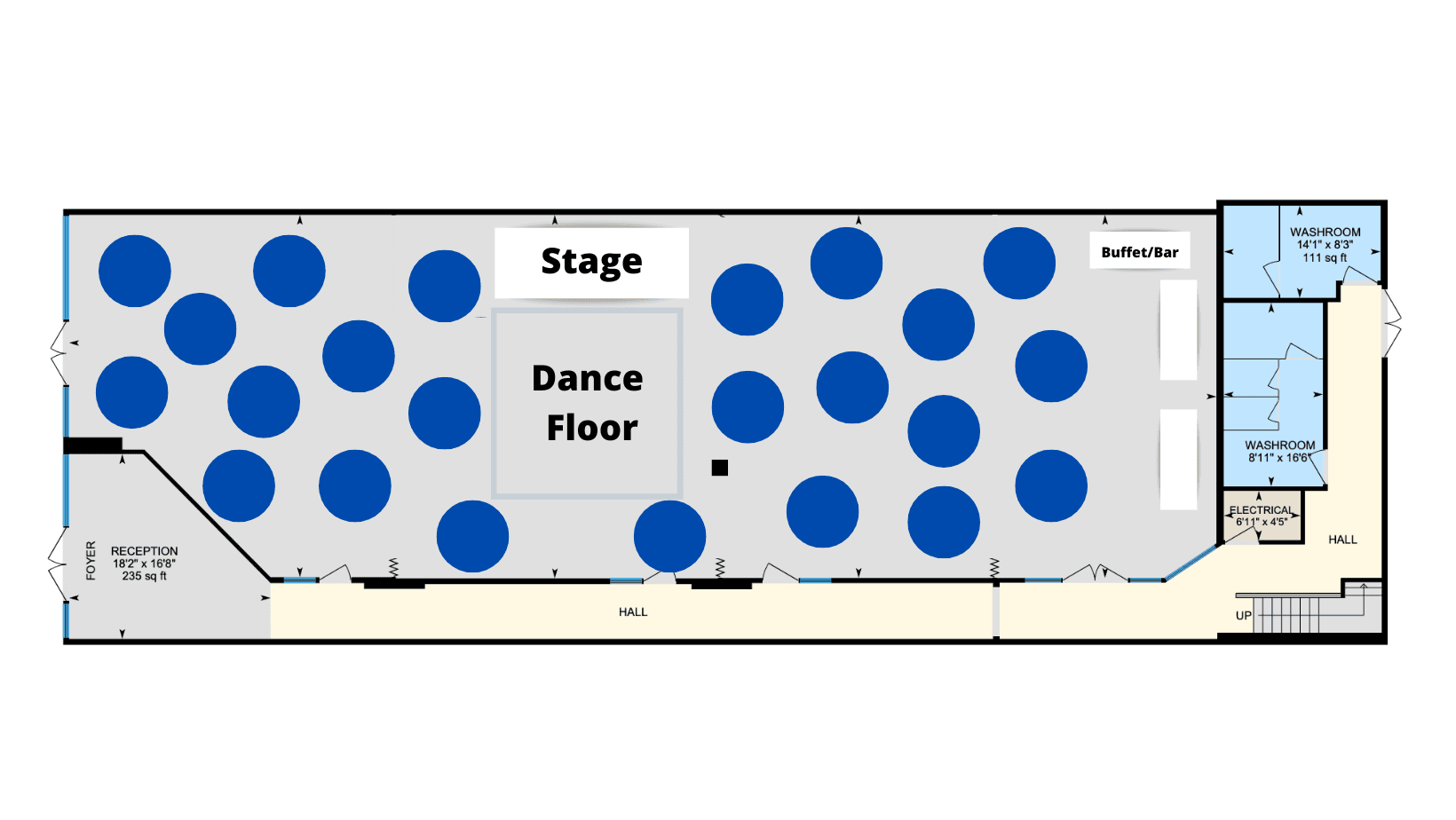 Floor drawing. Layout 1: dance floor in the middle. The stage and dance floor sit in the centre of the hall with round tables on both sides and the buffet or bar at the back. The drawing shows 23 tables.