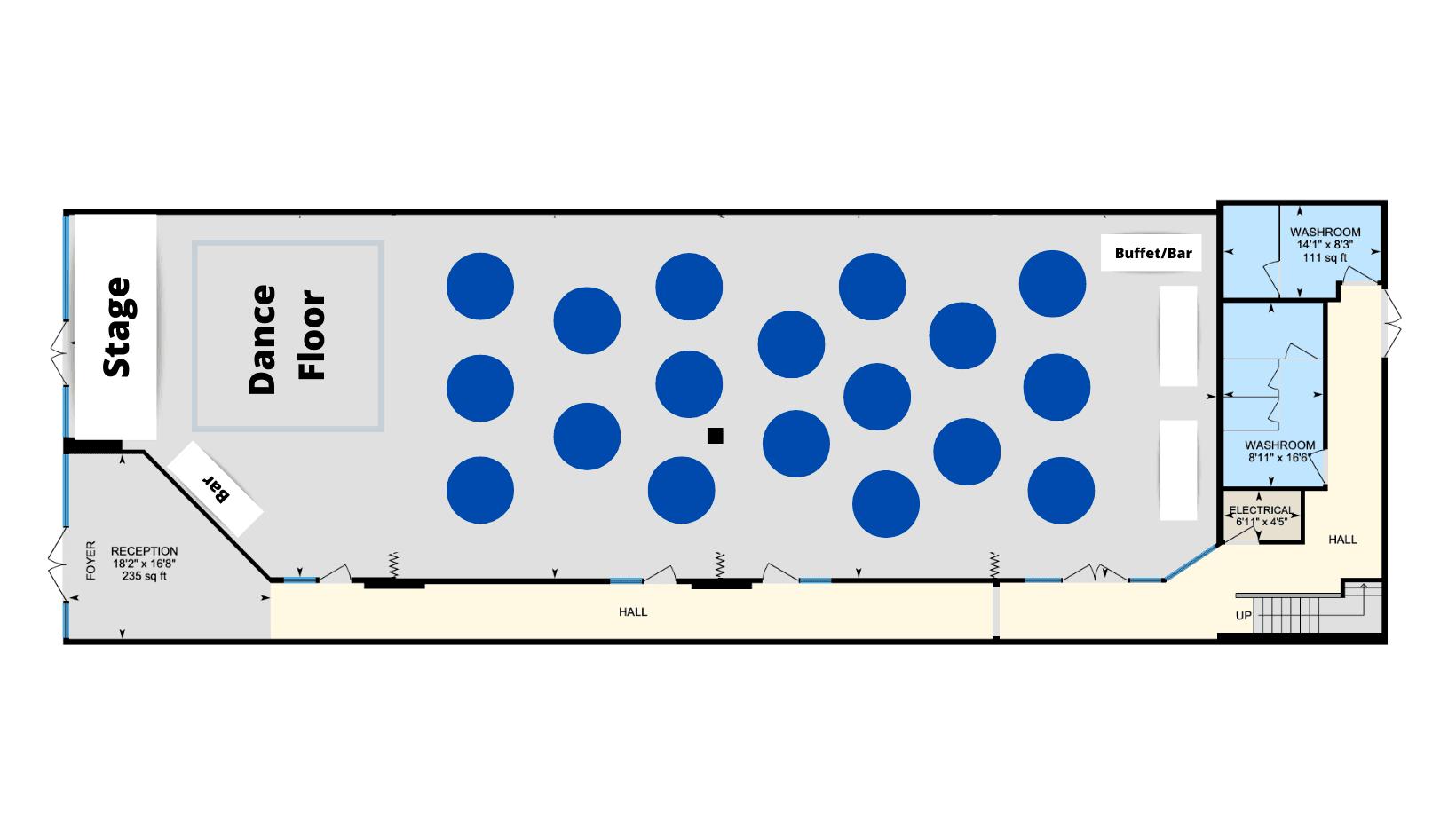Floor drawing. Layout 2: stage at the front. The stage and dance floor sit at one end, so every table faces the performances, speeches or screen. The buffet or bar goes at the back.