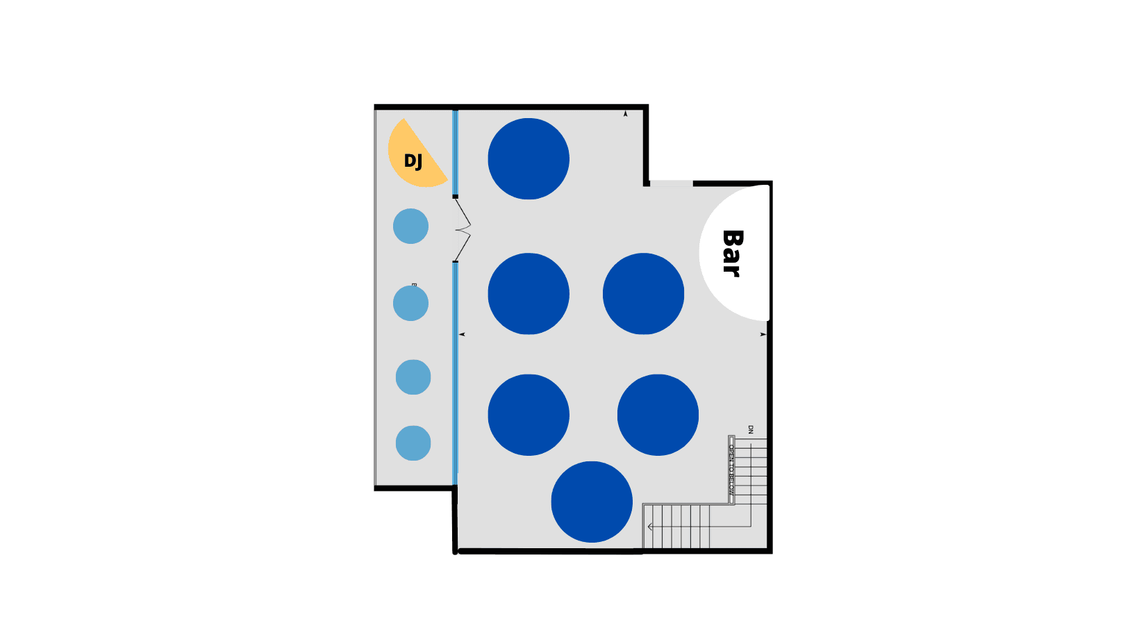Floor drawing. The upstairs room and balcony. Six round tables, a bar and a DJ corner in the upstairs room, with cocktail tables along the balcony that looks over the hall.